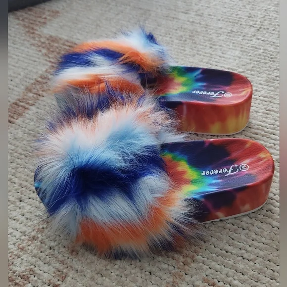 Faux Fur Tie Dye Platform Slides Blue Multi - Picture 2 of 12